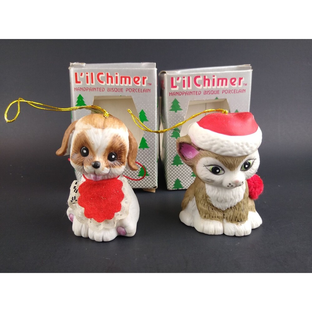 Vintage Lil Chimers Mini Bell Christmas Ornaments 2 Handpainted Cat and Dog